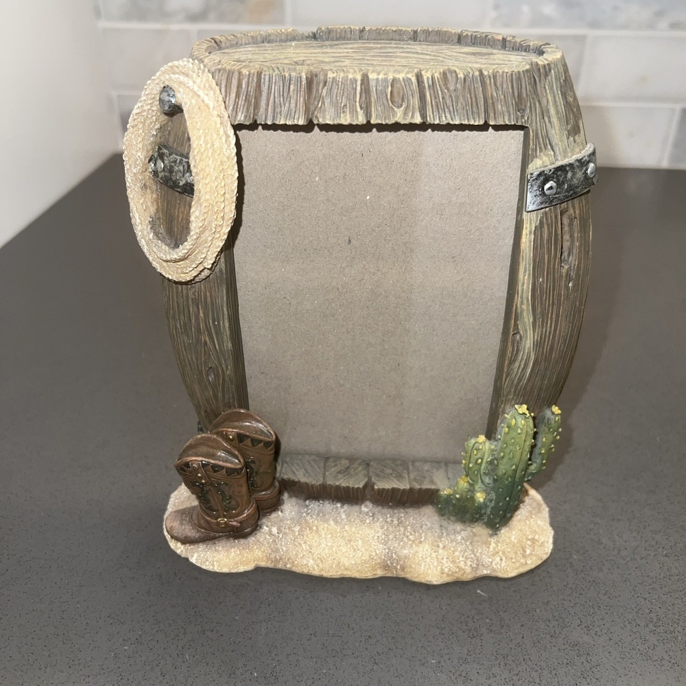Vntg Desert Theme Cactus Cowboy Rope Donkey Barrel Table Picture Frame. 1pc.